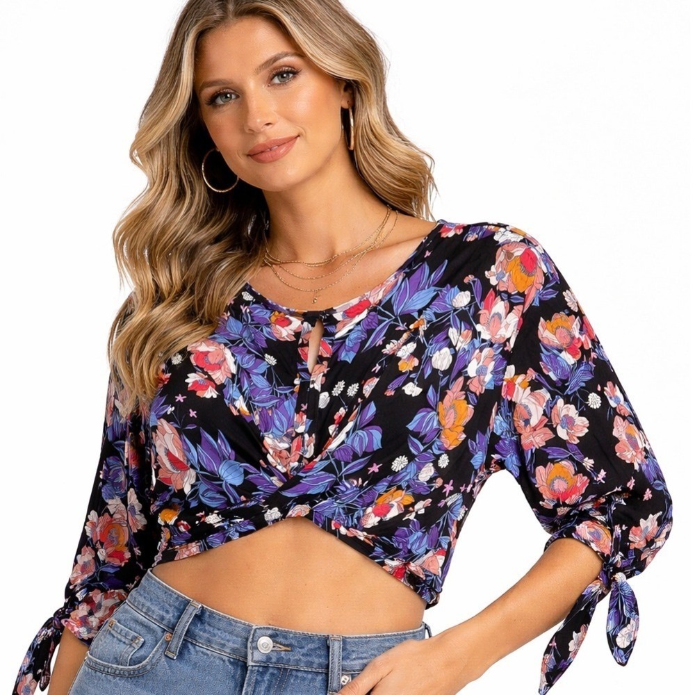 Free People Floral Twist‎ Front Crop Top Black Blue Pink BOHO L OB1011850
